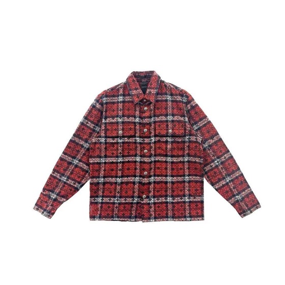 "Chrome Hearts Work Dog Black & Red Cross Print Plaid Flannel Shirt"